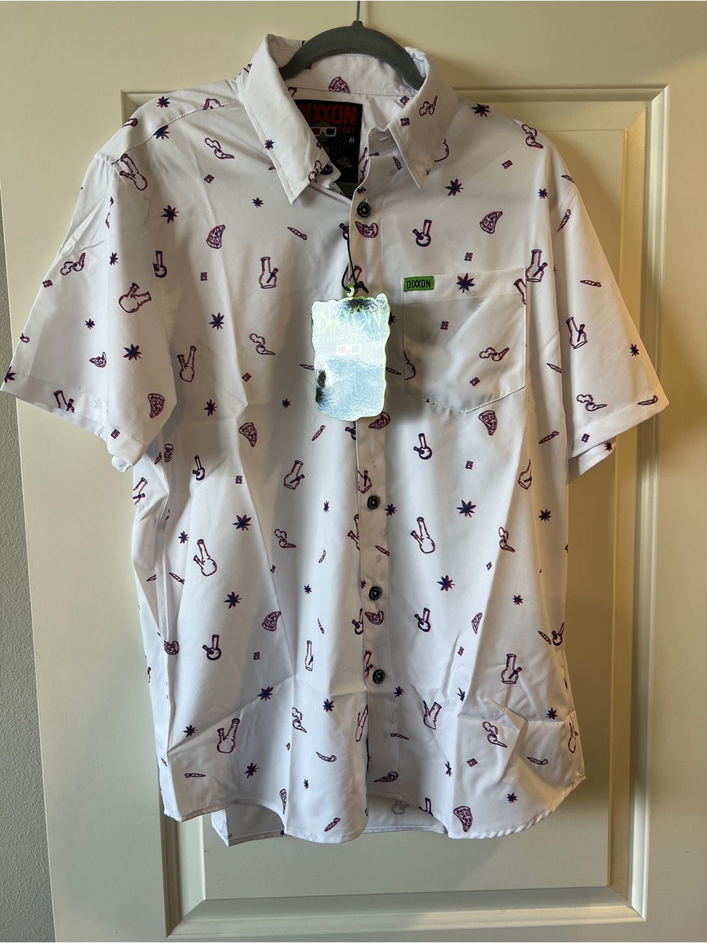 DIXXON White Short-Sleeve Button-Up Shirt with Purple Print